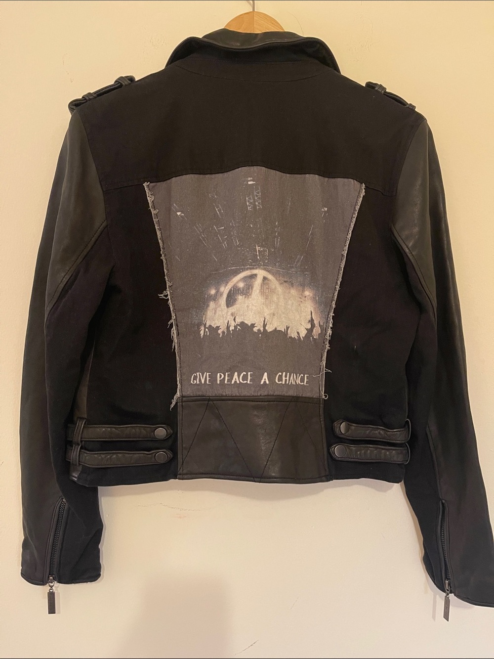 Peace Love World Black Mixed-Media 'Give Peace a Chance' Jacket woman’s S 10